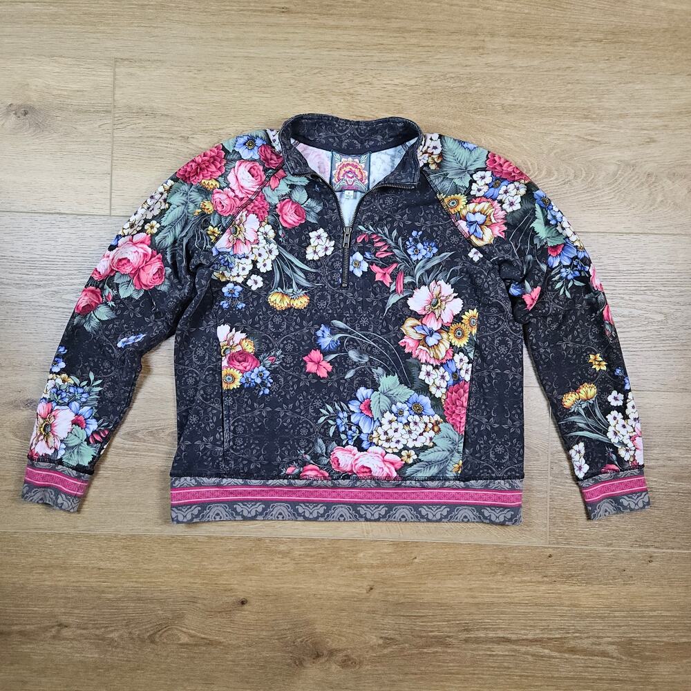 Johnny Was Onyx Sistine Floral Half Zip Pullover Sweater Small Black Boho